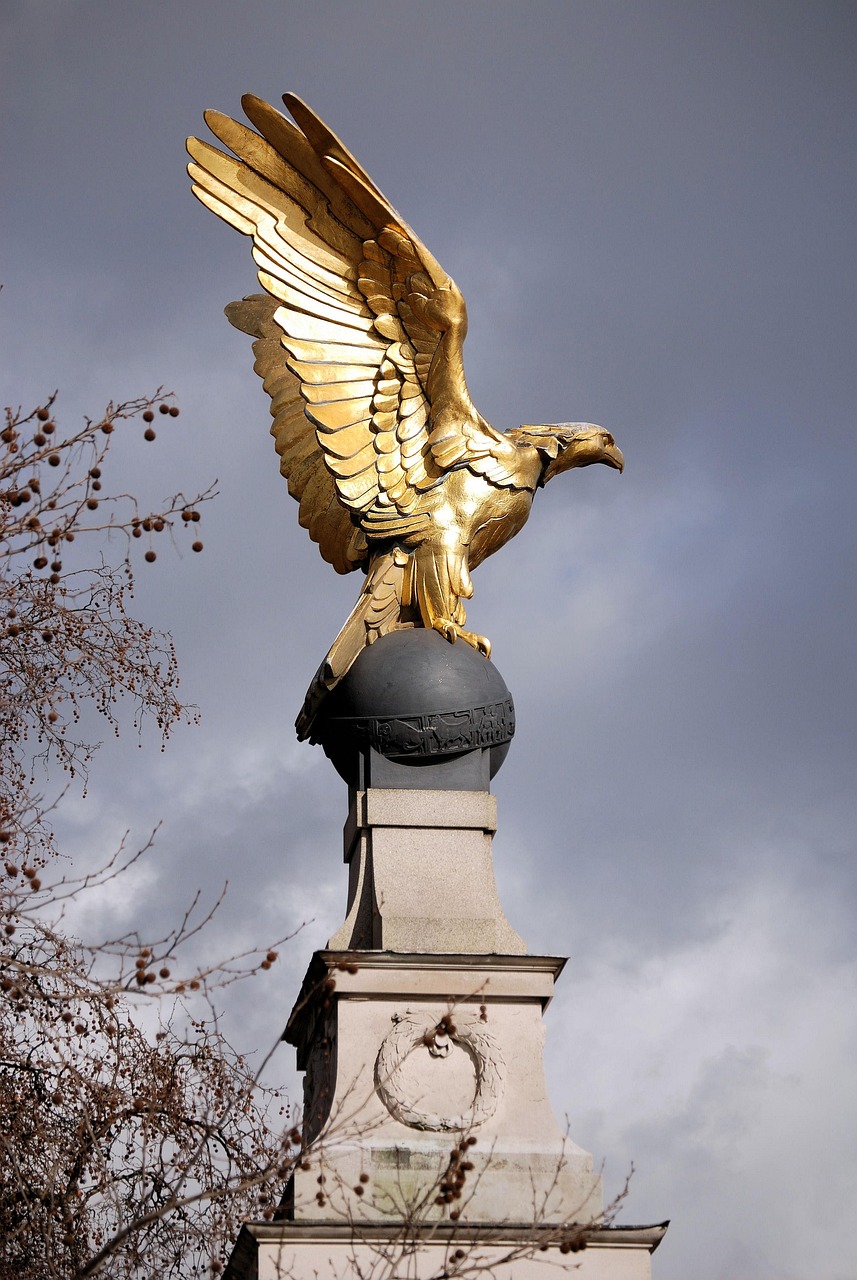 gilded, eagle, sculpture, golden, royal, air, force, memorial, london, blue memory